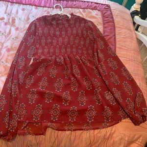 Shear Long-Sleeved Maroon Stretchy Blouse.